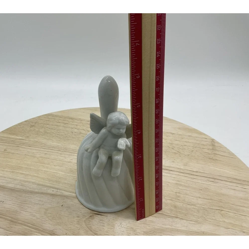 White‎ Ceramic Angel Bell Figurine Cherub Sitting On Bell Decorative Collectible